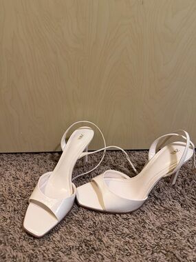 Zara Cream Patent Square-Toe Slingback Heels